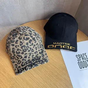 Amerikanisch Distressed Gewaschen Baumwolle Baseballkappe Für Herren Damen Verstellbar Bestickte Buchstaben Abgenutzte Krempe Leopard Schwarz Streetwear Hut