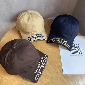 Distressed cotton baseball caps with MADTIME embroidery and frayed brim in three colors