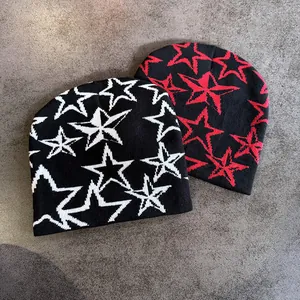 Unisex gebreide mutsen met sterpatroon in zwart, wit en rood voor streetwear