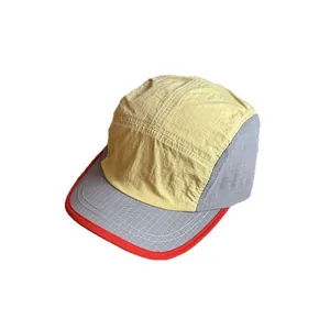 Outdoor 5-panel quick-dry hat with color-blocking yellow and grey ripstop fabric