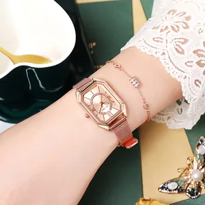 Elegant rose gold octagonal watch with mesh band and matching crystal bracelet set