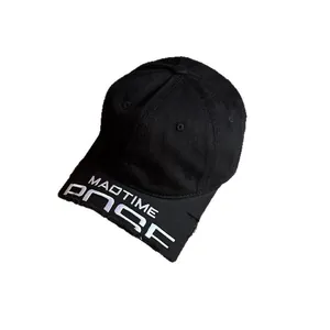 Washed black baseball cap with MADTIME embroidery and distressed visor detail