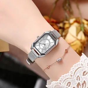 Elegant rectangular silver mesh watch and rose gold bracelet set for women with lace background