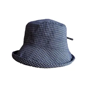 Navy blue checkered bucket hat for women with bow tie and wide brim for sun protection
