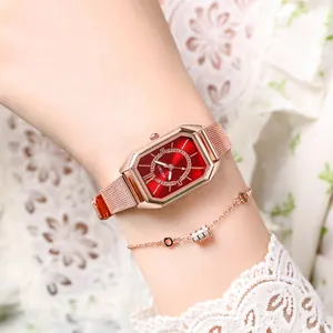 Elegant rose gold square watch with deep red dial and matching diamond-set bracelet set