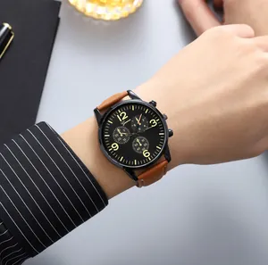Business quartz watch with large black dial, Arabic numerals, and brown leather strap