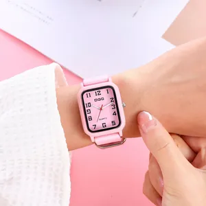 Fashionable square pink quartz watch with silicone strap and black Arabic numerals