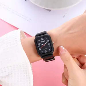 Minimalist square quartz watch for women featuring a black dial and sleek leather strap