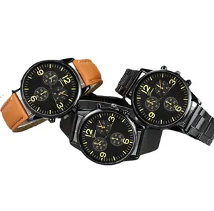 Geneva men's quartz watch set with leather strap, mesh band, and steel bracelet