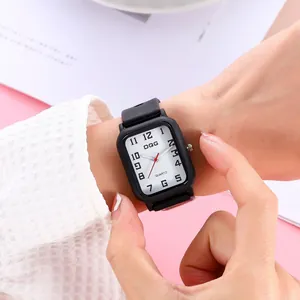 Fashionable square quartz watch with black silicone strap and white dial for women