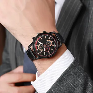 Montre à quartz pour hommes avec bracelet en cuir noir et cadran tachymètre style business