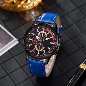 Montre à quartz élégante pour homme avec cadran noir et bracelet en cuir bleu