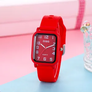 Macro side view of red square quartz watch with soft silicone strap and numeric dial