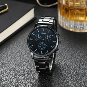 Geneva men's business quartz watch with black steel band and blue indices