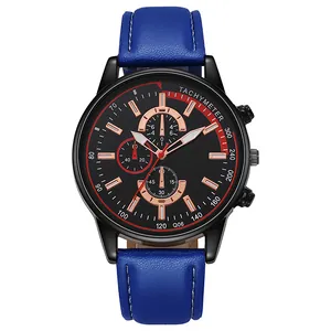 Montre à quartz pour hommes avec bracelet en cuir bleu et cadran noir sur fond blanc