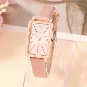 Women Fashion Rectangular Watch Rose Gold Alloy Case Minimalist Sunray Dial Rhinestone Faux Leather Strap Casual Quartz Wristwatch