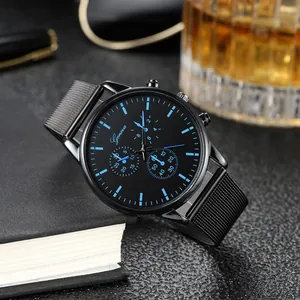 Business casual men's quartz watch with black mesh strap and blue markers on black dial