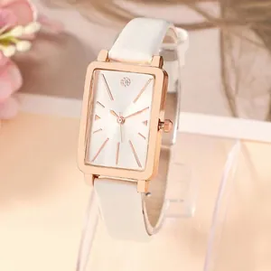 Women's quartz watch with rose gold rectangular case and white leather strap
