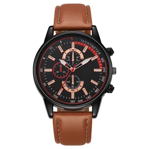 Vue détaillée de montre à quartz business avec cadran noir et bracelet en cuir marron