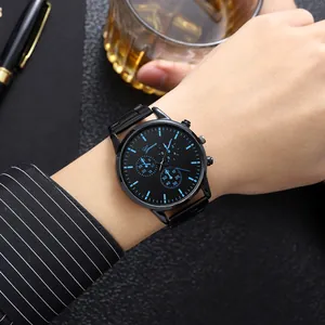 Geneva men's quartz watch with black metal strap and blue markers on a black dial