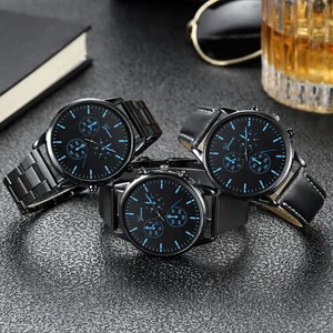 Business men's watch set with three band styles: steel links, leather, and mesh in black