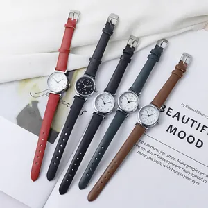 Five elegant women's quartz watches with slim leather straps in various vintage colors
