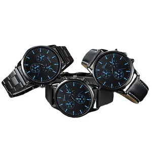 Three elegant business men's watches with black steel, leather, and mesh straps in blue accents