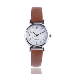 Classic women quartz watch with brown leather strap and white minimalist dial