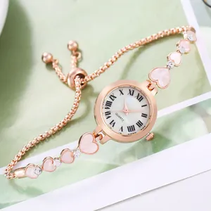 Women heart charm bracelet watch with rose gold dial and adjustable slider chain