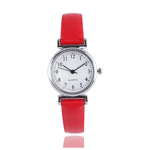 Elegant women's quartz watch with a slim red leather strap and white numeric dial