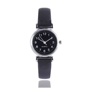 Minimalist women quartz watch with black leather strap and silver round dial numerals