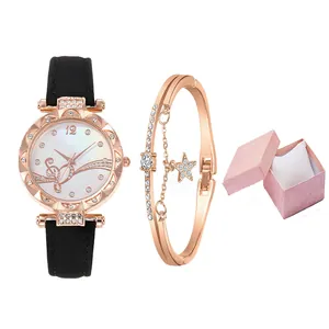 Women's rose gold watch set with black leather strap and star pendant bracelet in gift box