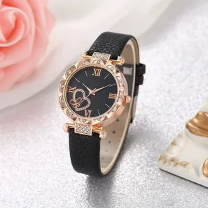 Women Fashion Quartz Watch Heart Pattern Butterfly Design Rhinestone Dial Alloy Case Faux Leather Strap Elegant Wristwatch