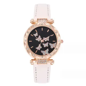 Orologio al quarzo da donna con quadrante a farfalla in oro rosa e cinturino in pelle