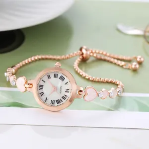 Women Elegant Fashion Heart Bracelet Watch Quartz Shell Dial Rhinestone Adjustable Slider Chain Wristwatch Jewelry
