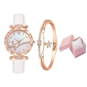 Women's rose gold watch set with butterfly accents and five-piece jewelry gift box