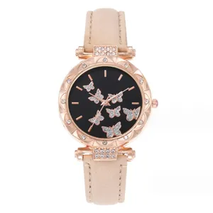 Orologio donna al quarzo con quadrante farfalla, cassa oro rosa e cinturino in pelle