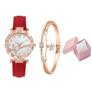 Elegant women's watch set with red leather strap, rhinestone bezel and matching star bracelet