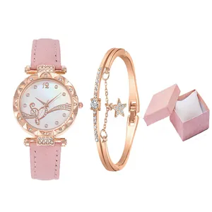 Women's Fashion Quartz Watch And Star Bracelet Accessory Gift Box Rose Gold Alloy Rhinestone Elegant Jewelry For Gift