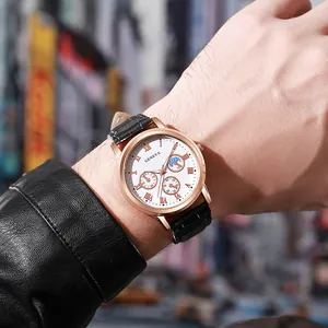 Men Fashion Business Quartz Watch Faux Leather Strap Alloy Case Roman Numerals Dial Sub-dials Casual Wristwatch Jewelry