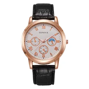 Classic rose gold quartz watch with white sunray dial and black leather strap