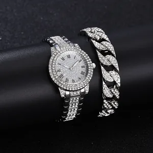 Luxe Legering Strass Dames Horloge En Armband Set Volledige Strass Romeinse Cijfer Wijzerplaat Quartz Horloge Hip Hop Mode Sieraden Voor Vrouwen Banket Feest Cadeau