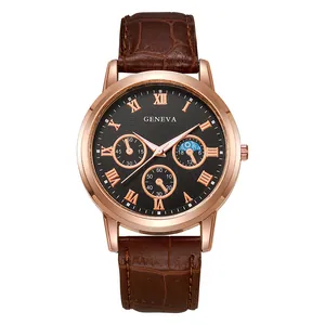 Classic men's business quartz watch with rose gold case and brown leather strap