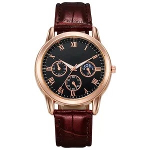Men's fashion quartz watch with rose gold case, three sub-dials and brown leather strap