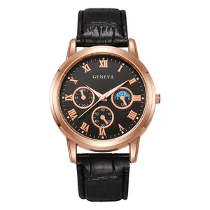 Detail of Geneva quartz watch with black textured dial and rose gold Roman numerals