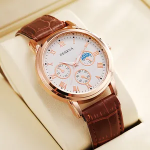 Close-up of Geneva business watch featuring rose gold Roman numerals and brown leather strap