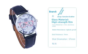 Detail of cute cat watch with red glasses dial, 37mm steel case and leather strap