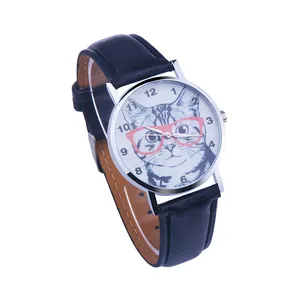Close-up of cute cat illustration dial with red glasses and black leather strap watch