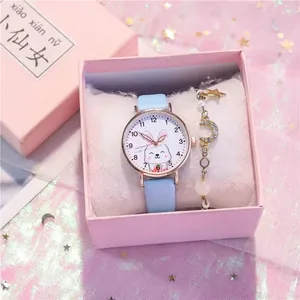 Cute cartoon rabbit quartz watch with moon star bracelet in a pink gift box set