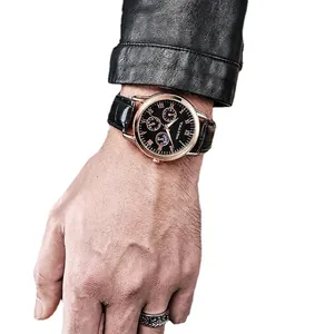 Men's business quartz watch with rose gold case and black leather strap with roman numerals